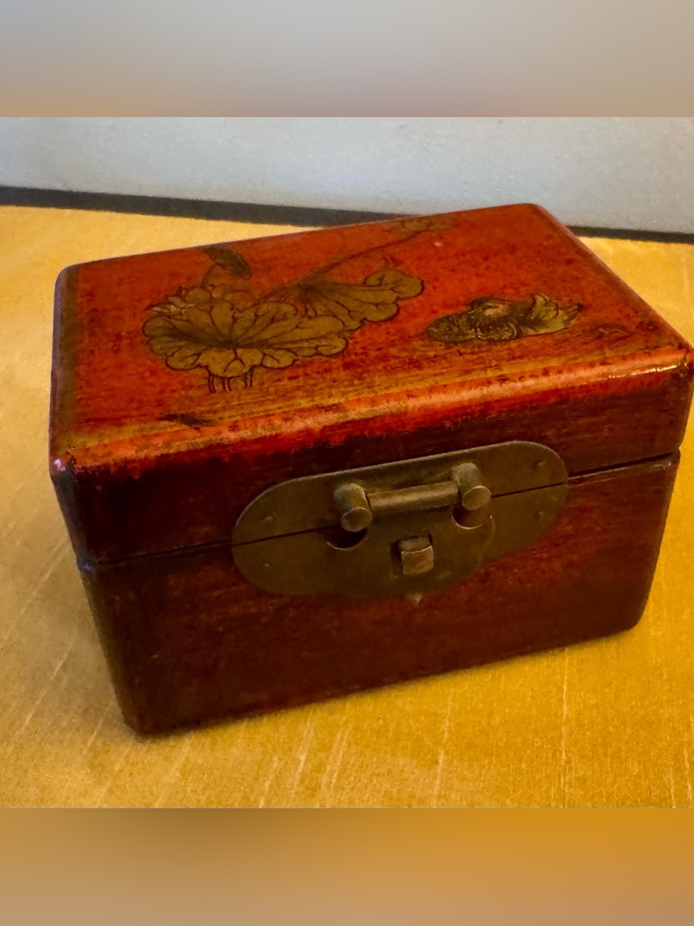 Vintage Red Decorative Wood Trinket Box with Metal Latch